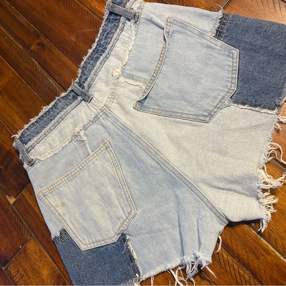 Patchwork Denim Shorts High Waisted Two Tone Raw Hem Festival - Picture 5 of 8